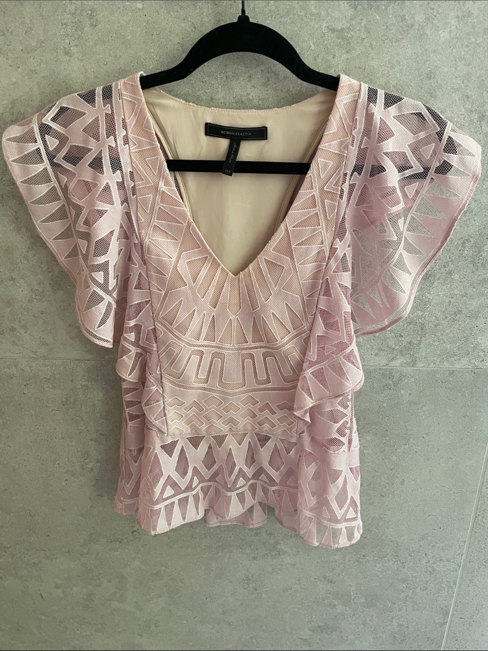 BCBGMaxAzria Blush Lace V-Neck Flutter Sleeve Top